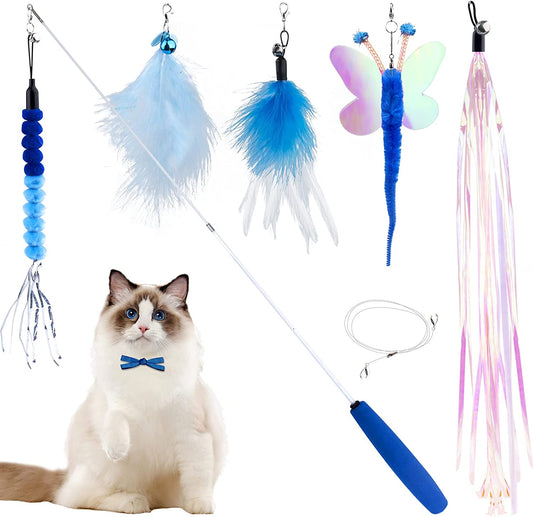 Juguete - Varita para gatos de interior, 6 piezas que incluyen accesorios de plumas reemplazables, libélula, borla, gusano con campanas, cuerda de gato - Color Azul o Amarillo